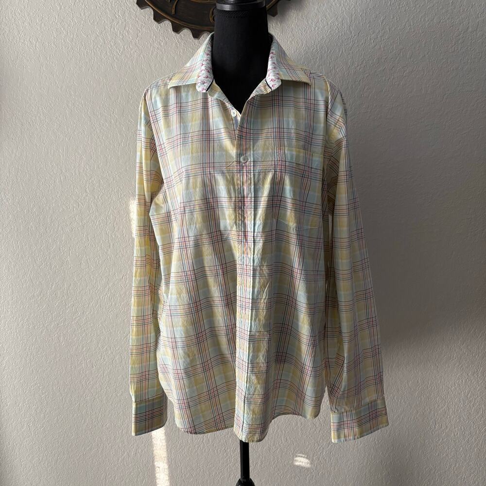 BUGATCHI Men's Shirt "LEMON" Flamingos Plaid Sz M Preppy Sustainable Naturalist